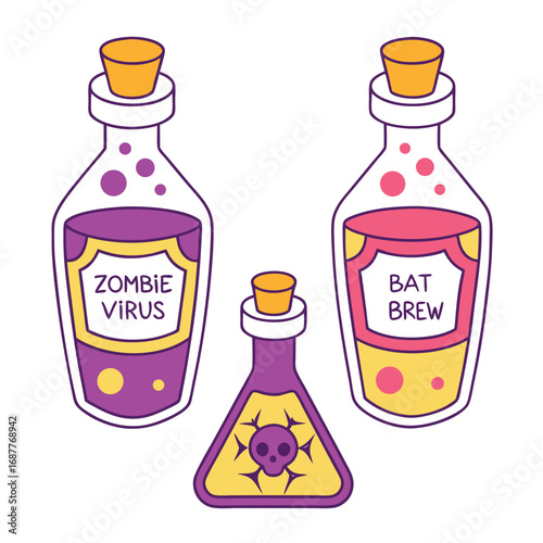 Three cartoon potion bottles with Halloween labels and skull design on a white background zombie virus