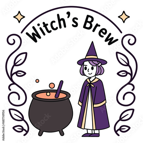 Whimsical witch in a purple cloak and hat stirring a bubbling cauldron with the words Witch's Brew above