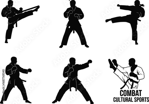 Martial arts silhouette poses, traditional combat sports action, karate and taekwondo stances, cultural fighting techniques, black vector illustration for training, competition, 