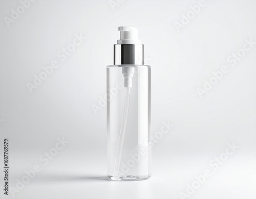 Clear plastic bottle with pump dispenser against white backdrop