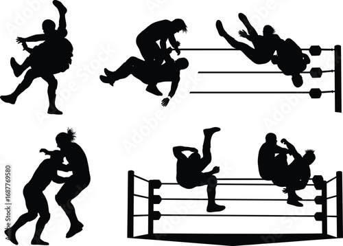 Silhouette wrestling action poses, professional wrestlers in dynamic moves, sports competition scenes, athletic grappling, martial arts style, black vector illustration for design projects