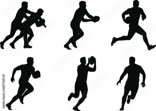 Rugby player silhouettes, dynamic sports action poses, ball handling and running, athletic competition concept, black isolated graphic set, cad drawing flat vector illustration