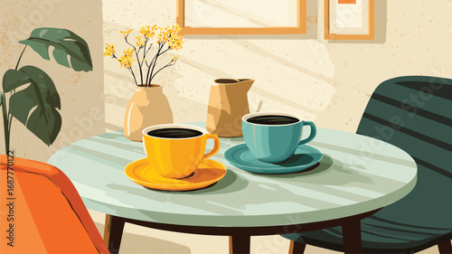 Cozy sunlit coffee table scene with colorful mugs modern chairs and minimalist decor perfect for lifestyle editorial and cafe marketing.

