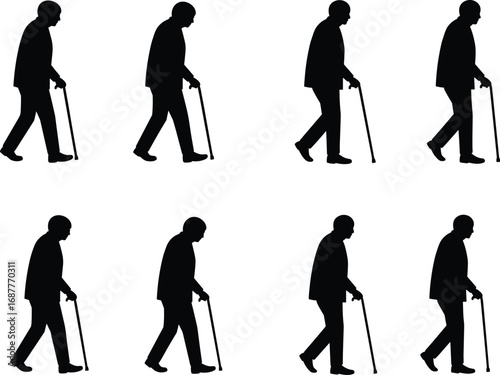 Elderly person walking silhouette icons with cane in different motion stages, senior mobility clipart set for aging, healthcare, rehabilitation, and medical study design