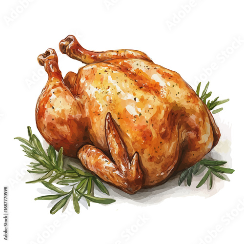 Roast Chicken, watercolor drawing vector, isolated on a white background.