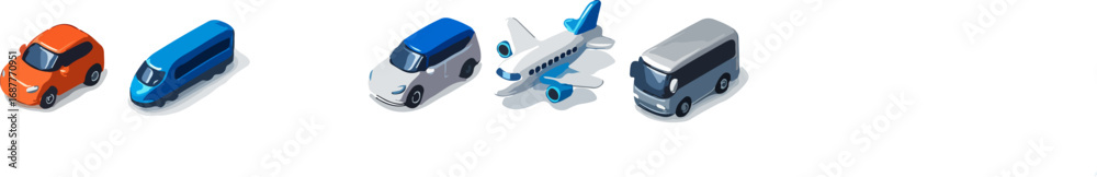 Naklejka premium Isometric view of a car, train, van, airplane, and bus, representing various modes of transportation.