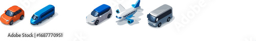Isometric view of a car, train, van, airplane, and bus, representing various modes of transportation.