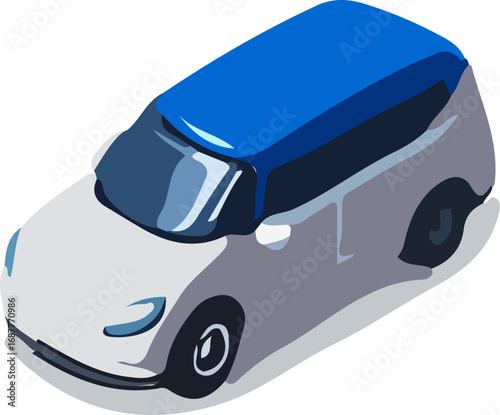 Isometric illustration of a modern, white and blue compact car.