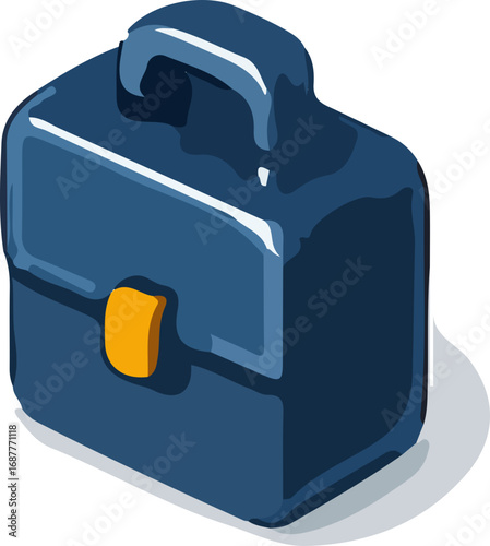 A detailed illustration of a blue briefcase with a handle and a yellow clasp, casting a shadow.