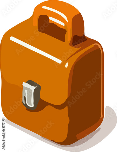 A stylized isometric illustration of a brown briefcase with a silver clasp and handle, casting a subtle shadow.