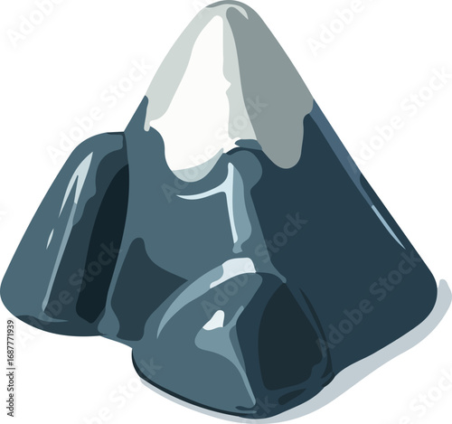Stylized illustration of a dark blue mountain with a snow-capped peak and smaller rocky formations at its base, depicted with a glossy finish.
