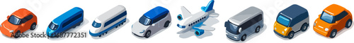Isometric view of various transportation vehicles.