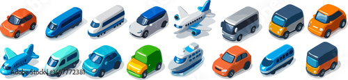 A collection of colorful isometric transportation icons, including cars, buses, trains, airplanes, and a ship, isolated on a white background.