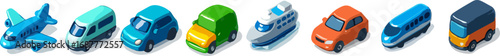 A collection of stylized, isometric icons representing various modes of transportation, including an airplane, trains, cars, a truck, a boat, and a bus.