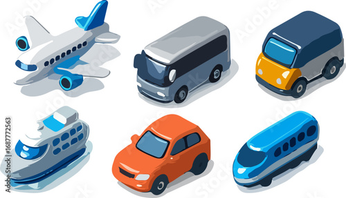 Isometric 3D icons of various modes of transport including an airplane, bus, van, ship, car, and train.