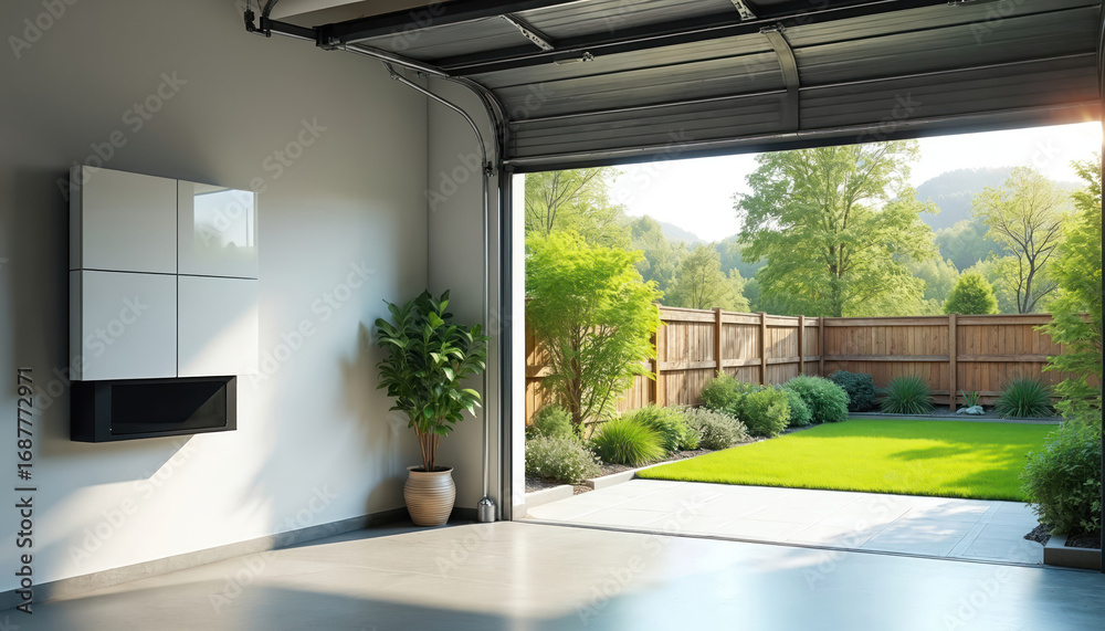 Fototapeta premium Modern wall-mounted solar energy storage system installed in garage interior. Clean energy technology with battery storage unit, gray, white panels. View of rich green backyard through open door.