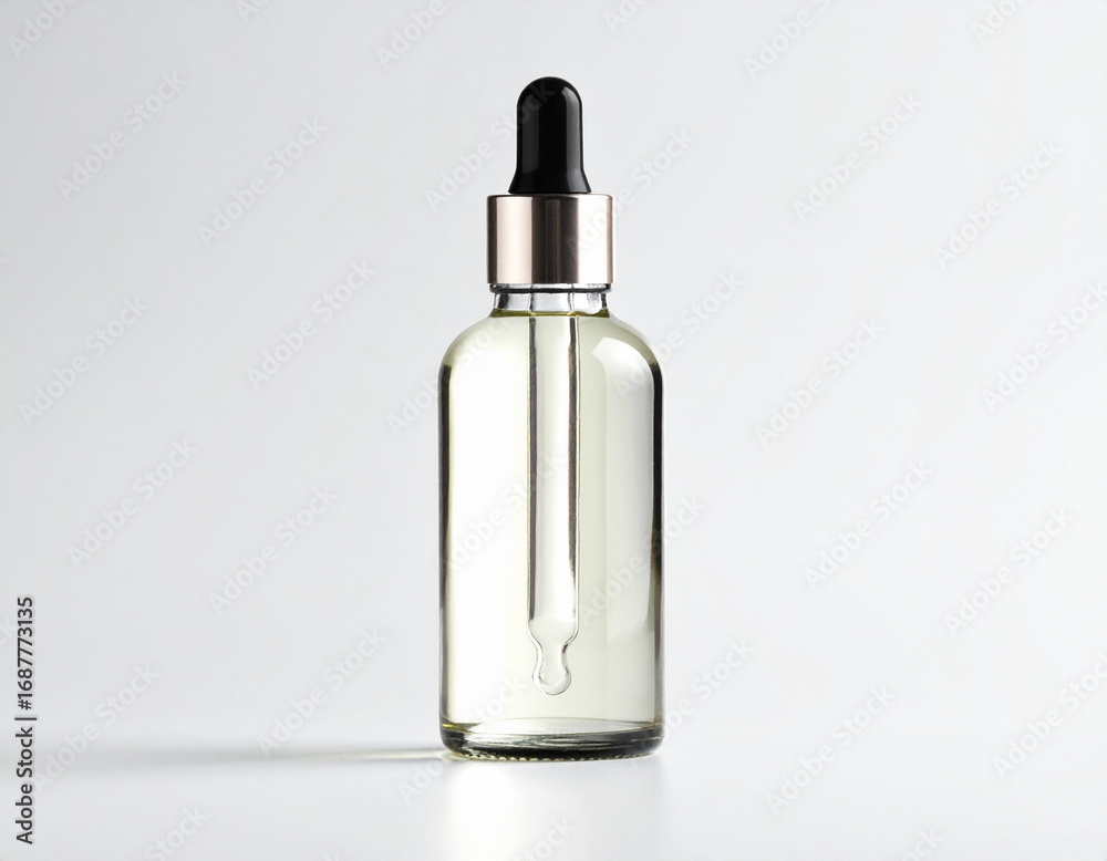 Fototapeta premium Glass bottle containing liquid with dropper against a white backdrop