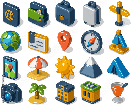 A comprehensive collection of isometric 3D icons representing various aspects of travel, tourism, and vacation activities.
