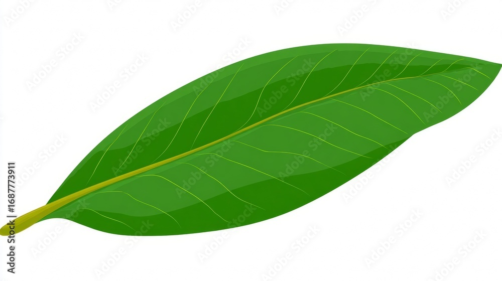 Fototapeta premium A single vibrant green leaf with detailed veins, illustrated on a clean white background.