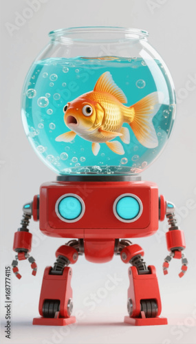 3D illustration of a robot with a round goldfish aquarium instead of a head. Vector graphics. EPS.