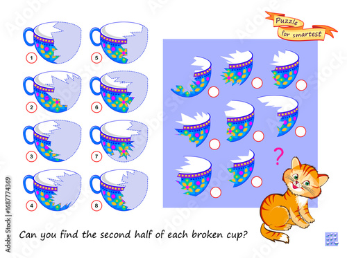 Can you find the second half of each broken cup? Search and find game. Logic puzzle for children and adults. Develop spatial thinking. Printable page for brain teaser book. Flat vector illustration.