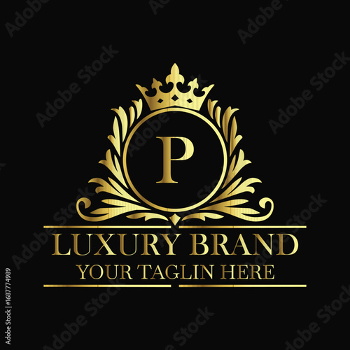 Luxury brand logo P design with golden crown and elegant royal monogram template for premium identity