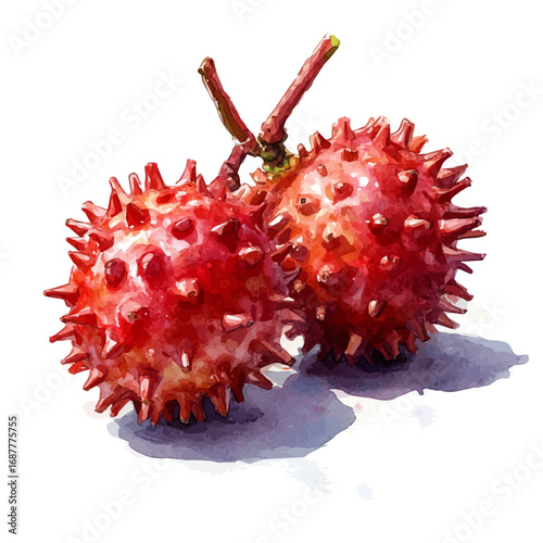 Rambutan, watercolor illustration vector, isolated on a white background.