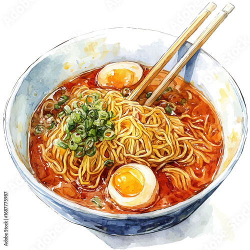 Ramen, watercolor illustration vector, isolated on a white background.