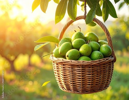 Green mangoes in a wicker basket
