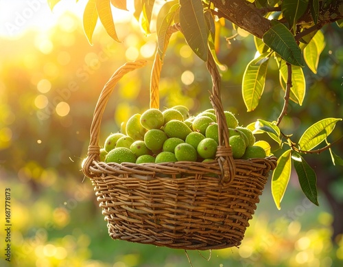 Green mangoes in a wicker basket
