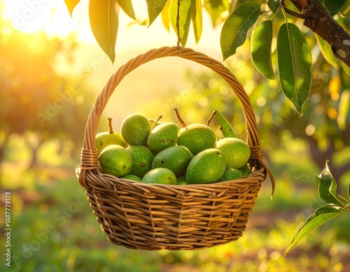 Green mangoes in a wicker basket
