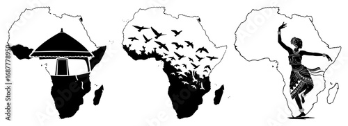 Africa map silhouette collection showing village hut migrating birds and traditional dancer