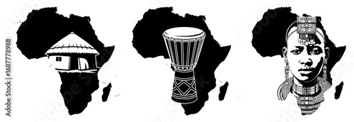 Africa map silhouette set with tribal hut djembe drum and ethnic woman portrait