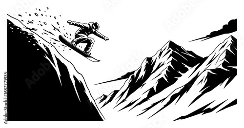 Extreme snowboarder riding down a mountain slope