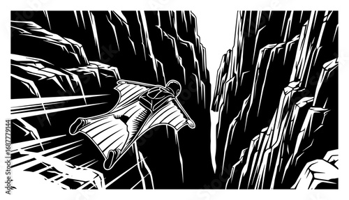 Wingsuit flyer in a rocky canyon monochrome vector