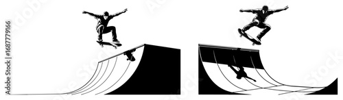 Skateboarder performing tricks on halfpipe ramp