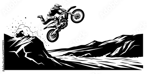 Motocross rider jumping over rocky mountain landscape