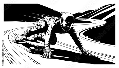 Downhill longboard rider sliding on mountain road vector