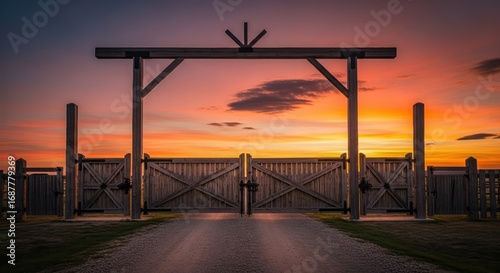 Large ranch gate made of wood standing at the end of a gravel road under a vibrant sunset sky. Rural property entrance with fence for security concept.