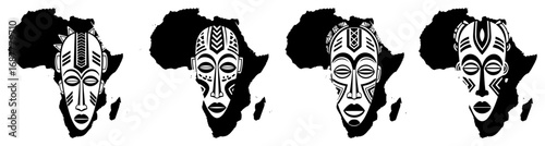 African tribal masks on map silhouette vector set
