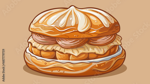 Paris-Brest, a circular choux pastry filled with praline cream, dusted with sugar, rests proudly. Isolated background symbolizes French cycling heritage, indulgence, and Parisian innovation in delicat