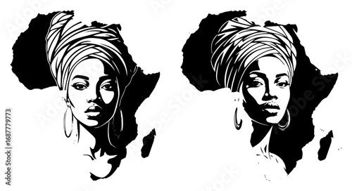 Elegant African woman portrait wearing traditional headwrap over continent map silhouette