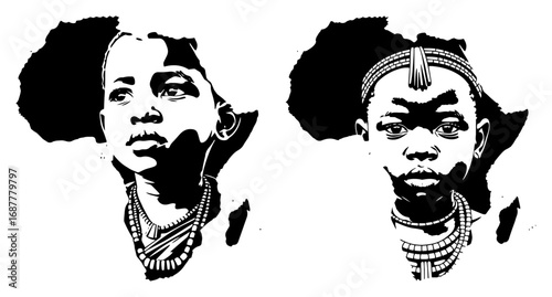 Tribal African children portraits adorned with bead jewelry over stylized continent map illustration
