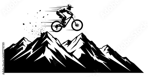 Extreme mountain biker jumping across snowy alpine peaks in dynamic monochrome vector scene