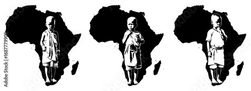 Africa map silhouette with standing African child