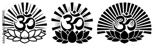 Om symbol with lotus flower and sun rays vector illustration