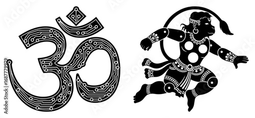 Om symbol as circuit board and Hanuman god vector