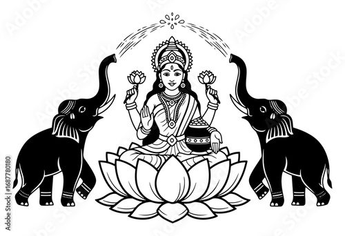 Goddess Lakshmi seated on lotus with water pouring elephants vector illustration