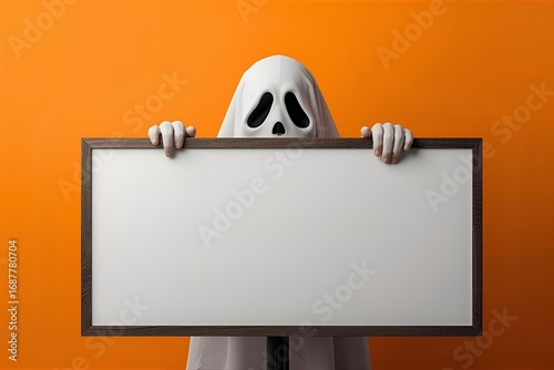 Ghost Orange Background as an eerie monster peeking behind a blank sign as a haunted creepy phantom spirit hiding behind a billboard as a halloween message concept.