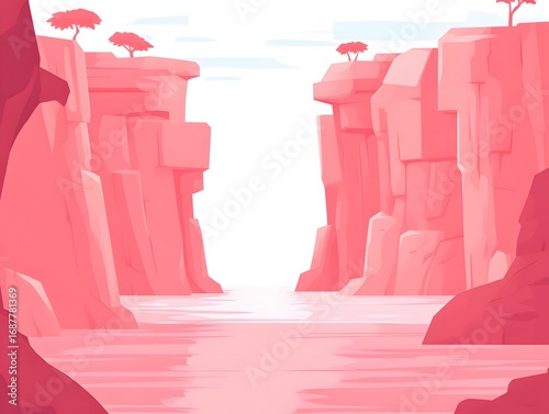 Pink Canyon Landscape Illustration Pastel Cliffs River Scene
